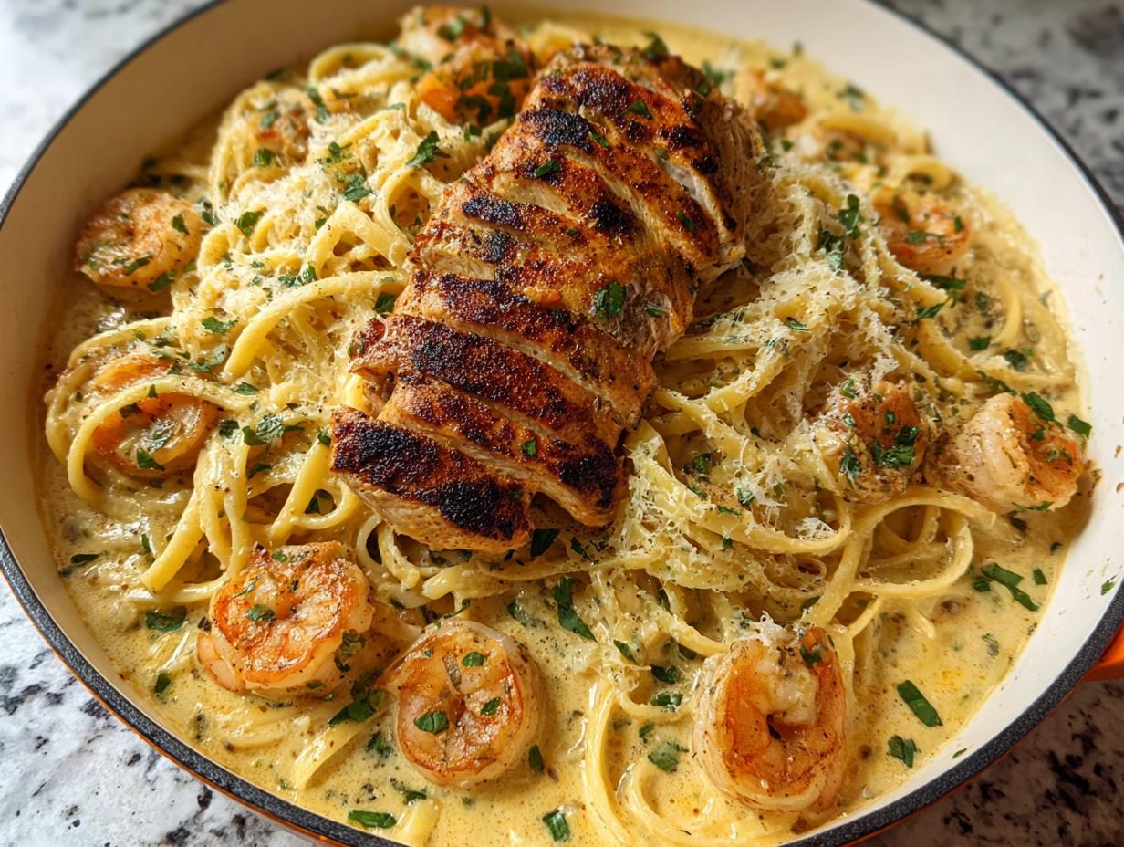 Amazing Alfredo Pasta Chicken Shrimp 1 Pot - Alfredo Pasta Chicken Shrimp - ingredients laid out