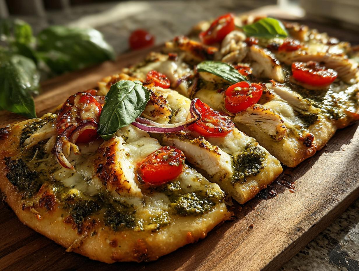 Chicken Pesto Flatbread: Amazing 20-Min Dinner 3 Chicken Pesto Flatbread: Amazing 20-Min Dinner - Chicken Pesto Flatbread - additional detail