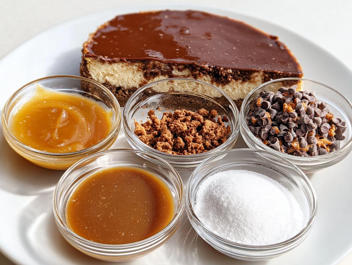 Salted Caramel Chocolate Chip: Pure Bliss Cheesecake 3 Salted Caramel Chocolate Chip Cheesecake - finished cheesecake with caramel drizzle