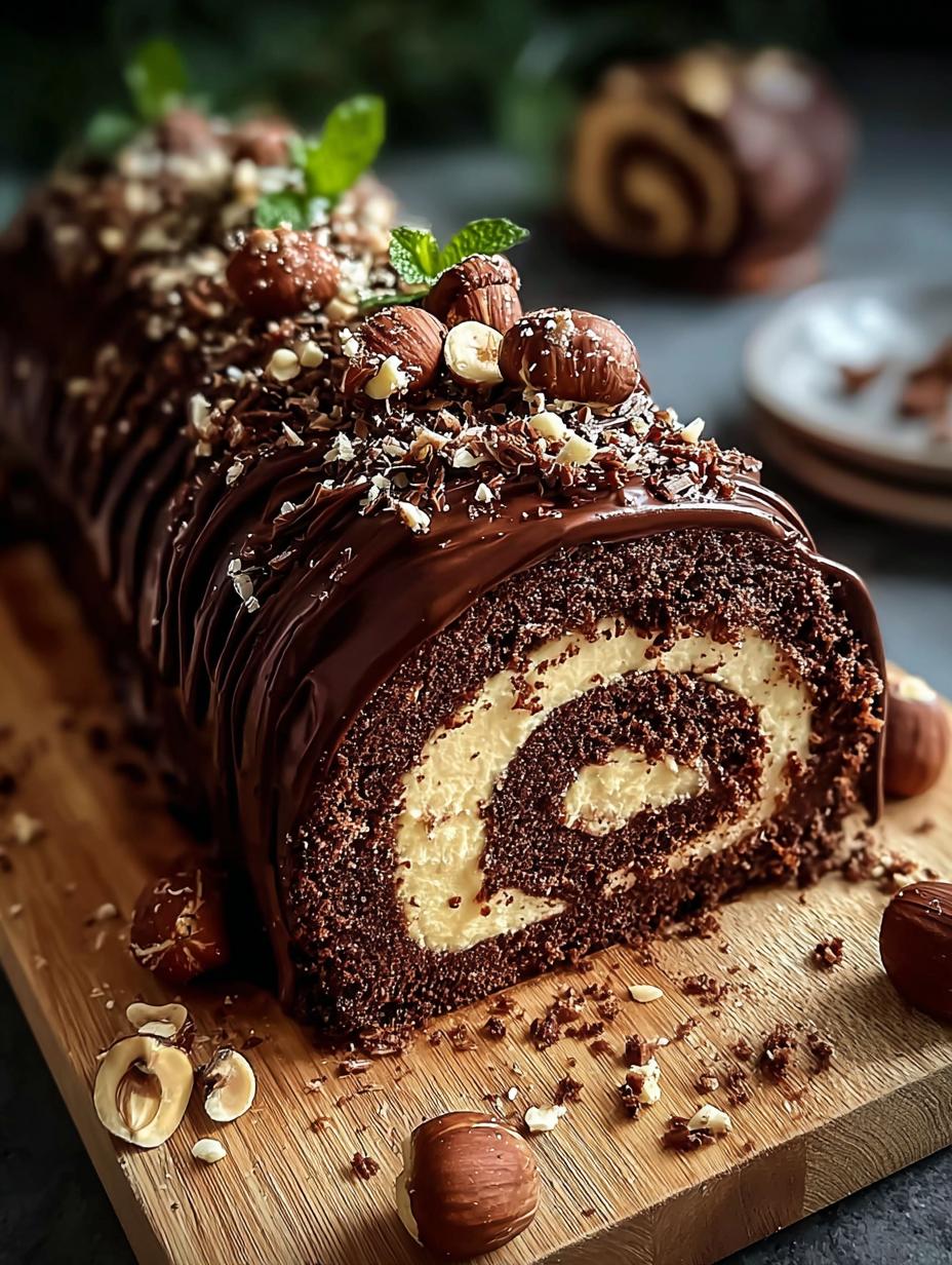 Decadent Chocolate Hazelnut Yule: 4 Egg Delight 3 Decadent Chocolate Hazelnut Yule: 4 Egg Delight - Close-up of the creamy hazelnut filling being spread