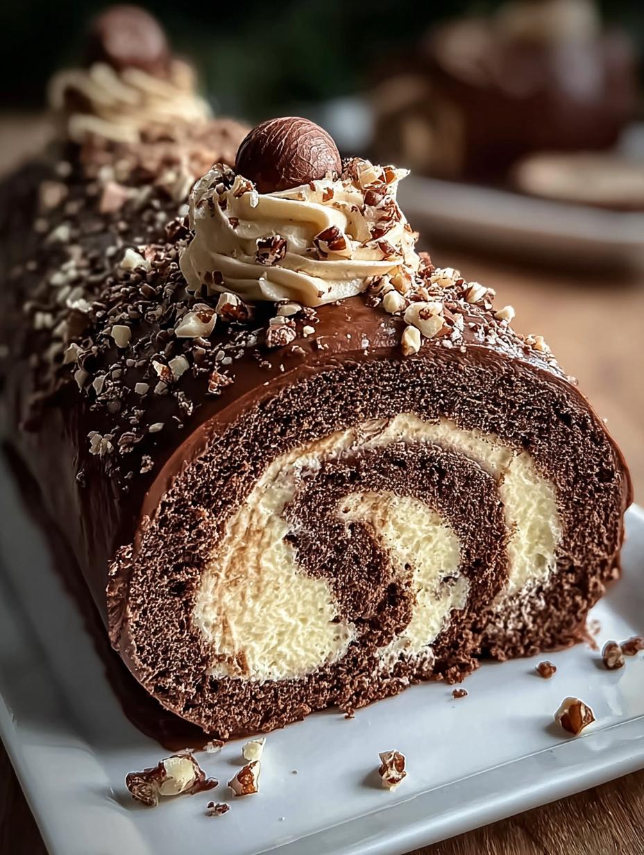 Decadent Chocolate Hazelnut Yule: 4 Egg Delight 4 Decadent Chocolate Hazelnut Yule: 4 Egg Delight - The finished Yule Log, beautifully decorated and ready to serve