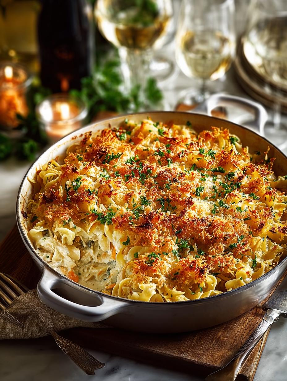 Irresistible Homestyle Tuna Noodle Casserole fresh from the oven on a serving dish