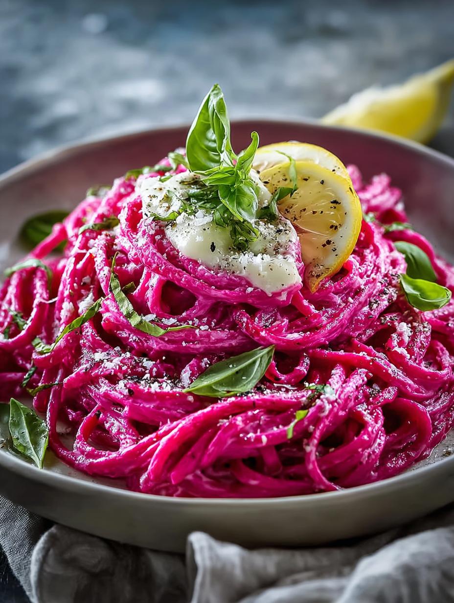 Vegan Beet Alfredo with Creamy Sauce and Lemon-Basil Ricotta - Vegan Beet Alfredo with - main visual representation