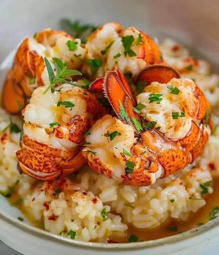 Delicious butter poached lobster tails plated with creamy risotto
