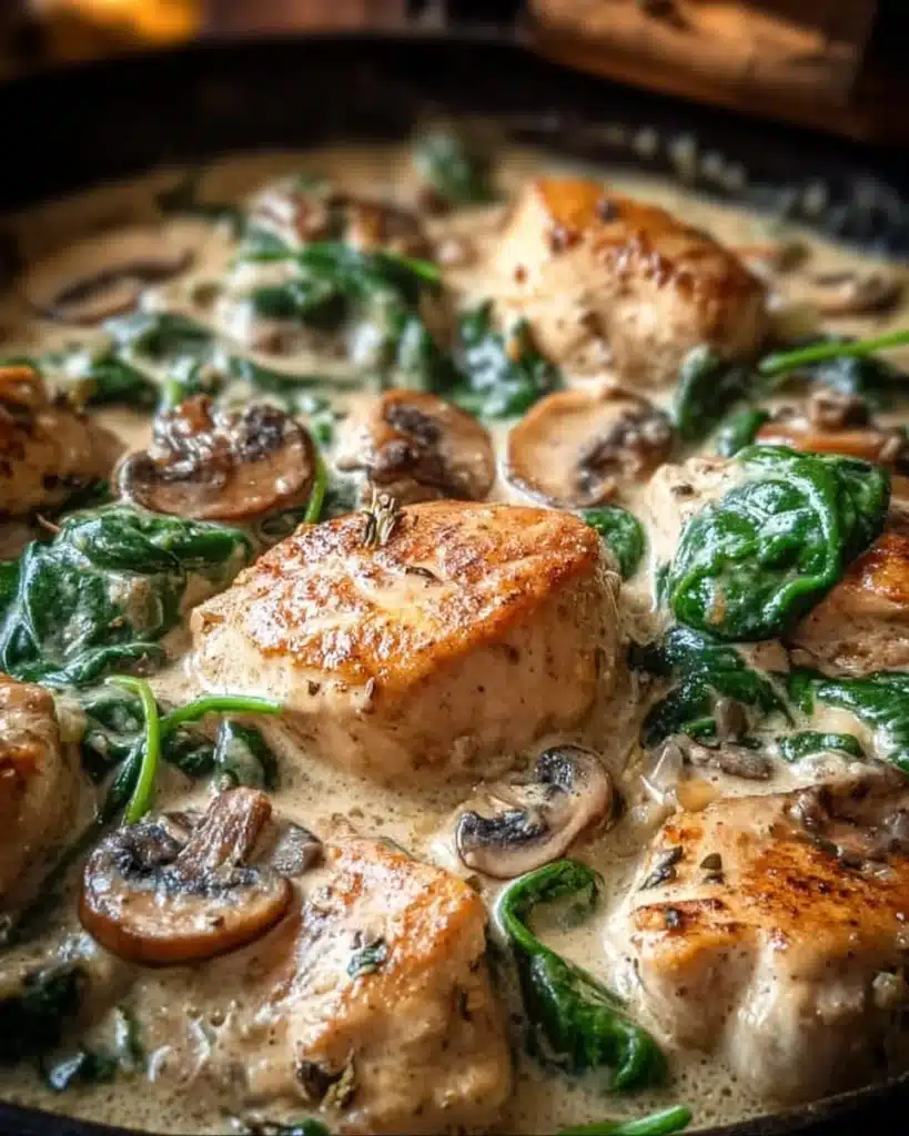 Creamy chicken mushroom spinach skillet served in a pan