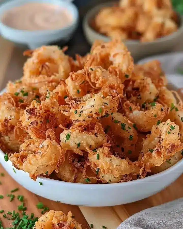 Crispy Mini Blooming Onions in Air Fryer 1 Crispy mini blooming onions cooked in an air fryer, served as a tasty appetizer.