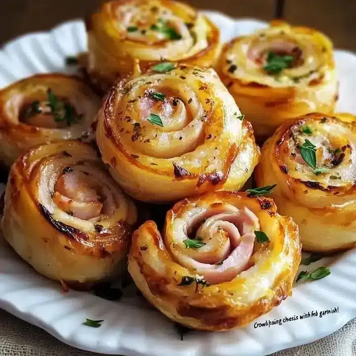 Delicious ham and cheese pinwheels served on a white platter