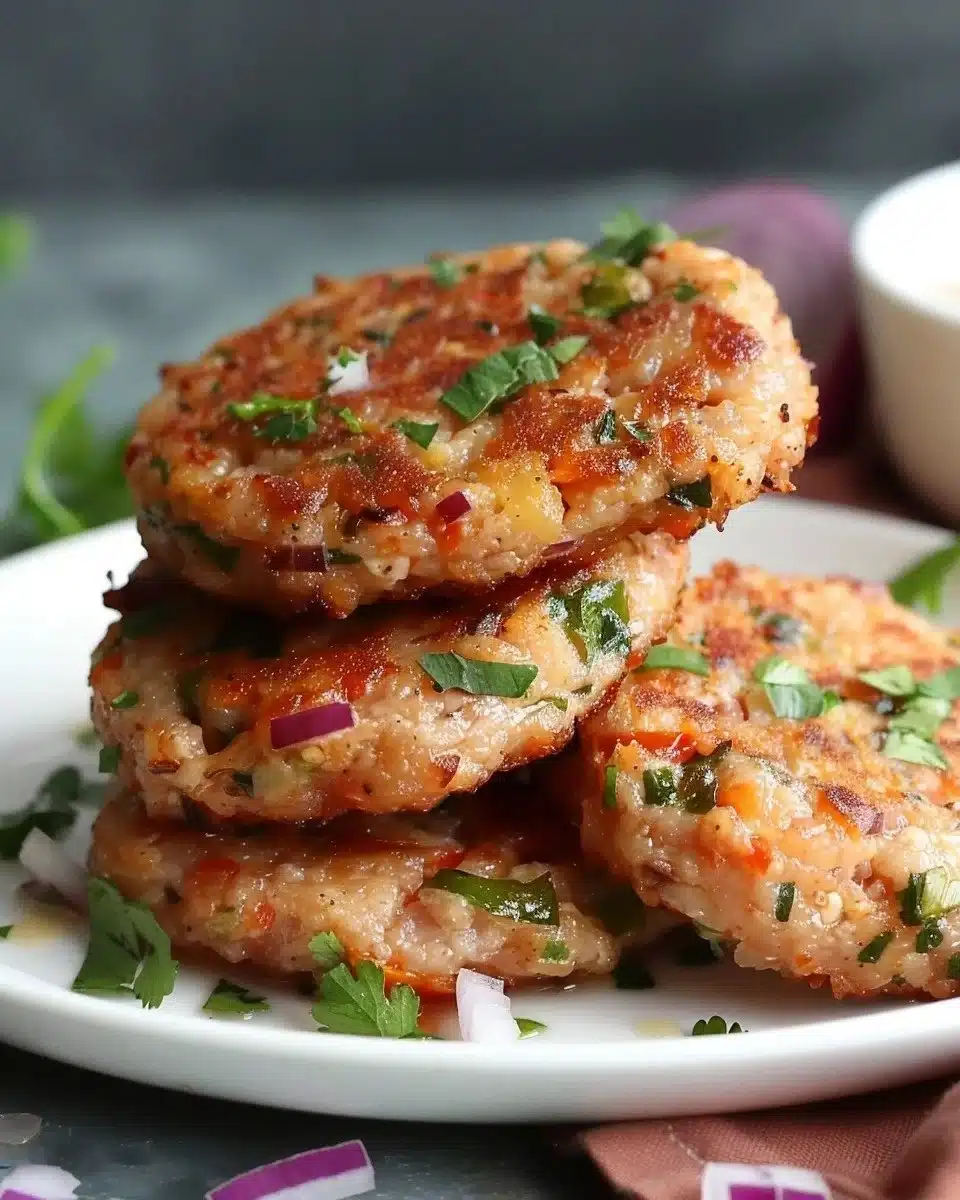 Delicious homemade tuna patties served on a plate with garnish.