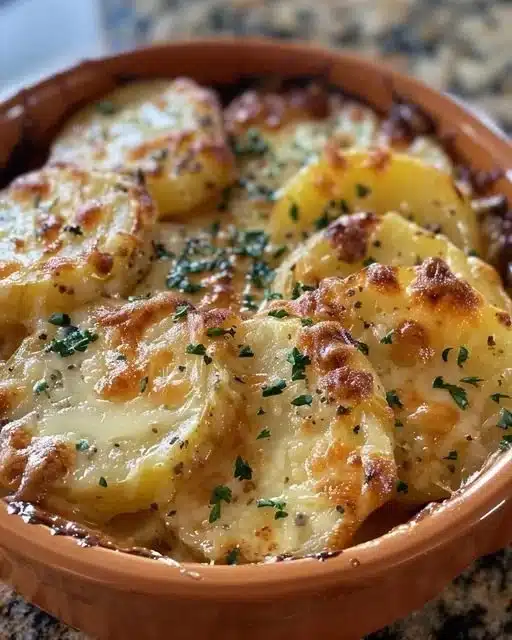 Delicious French Onion Potatoes baked with cheese and herbs