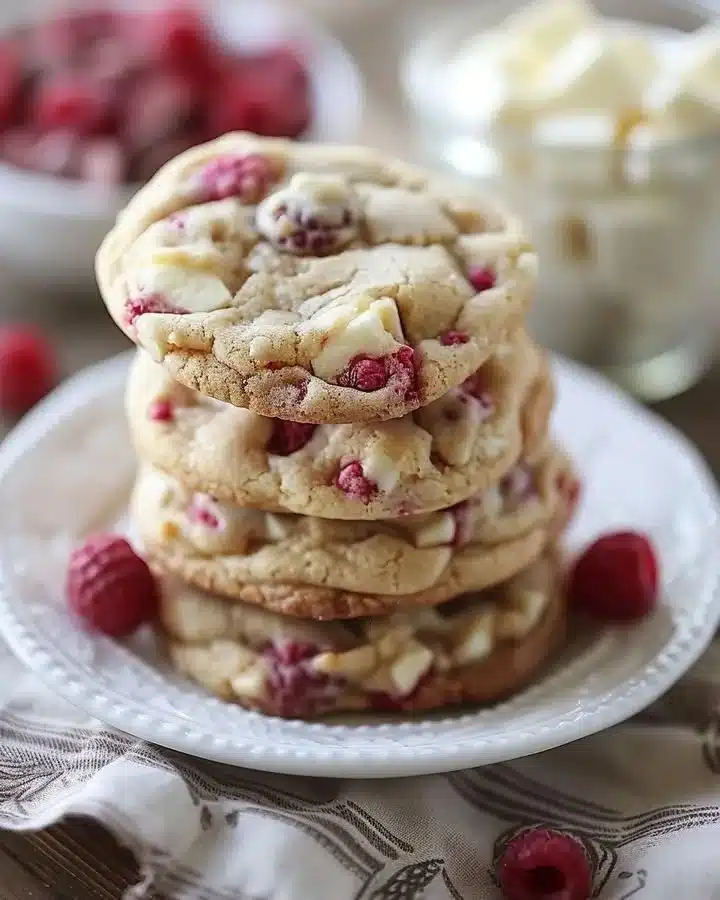 Delicious gooey raspberry white chocolate cookies fresh from the oven