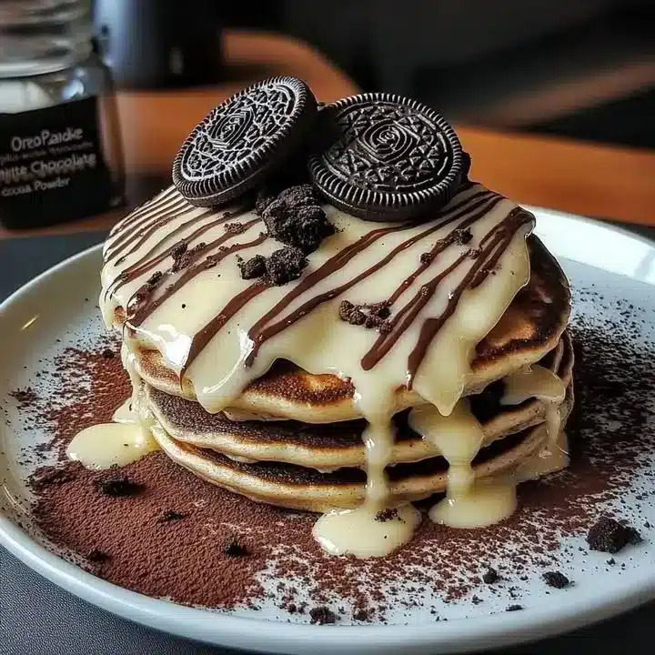 Oreo Pancake Stack topped with white chocolate drizzle.