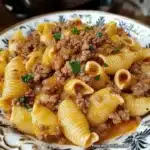 Pasta shells stuffed with ground beef and topped with marinara sauce