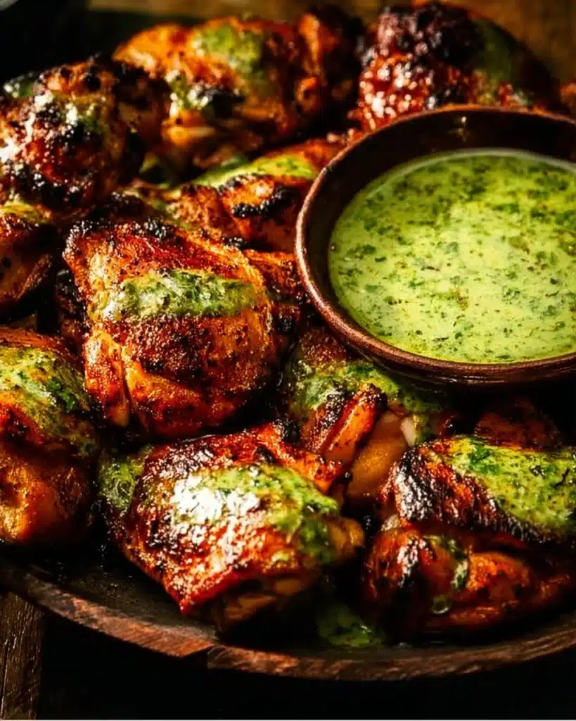 Delicious Peruvian grilled chicken served with creamy green sauce