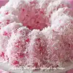 Raspberry Swirl Coconut Snowball Cake topped with coconut flakes and fresh raspberries