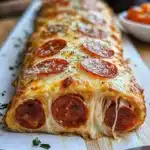 Loaded pepperoni pizza stromboli filled with cheese and pepperoni