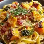 Bowl of autumn sausage pasta with seasonal vegetables