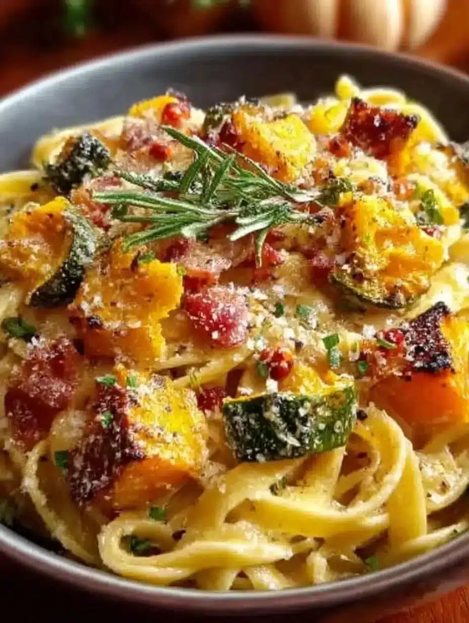 Bowl of autumn sausage pasta with seasonal vegetables