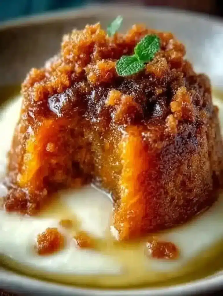 Delicious Carrot Pudding topped with a rich Brown Sugar Sauce