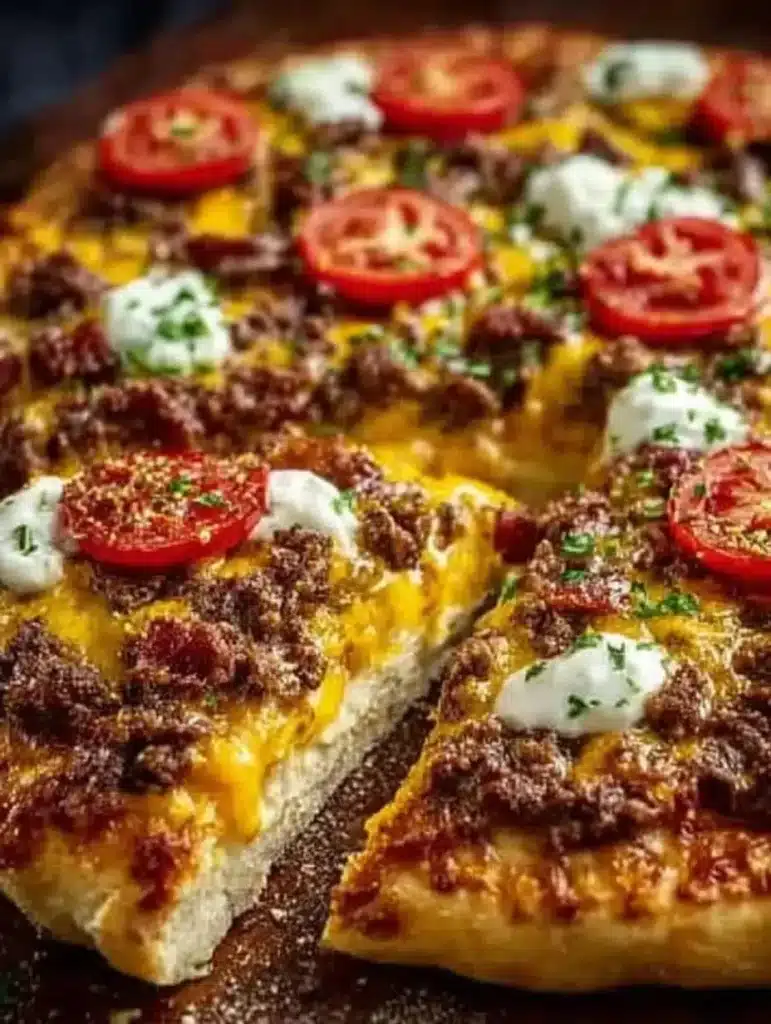 Delicious slice of cheeseburger pizza with toppings like beef, cheese, and pickles