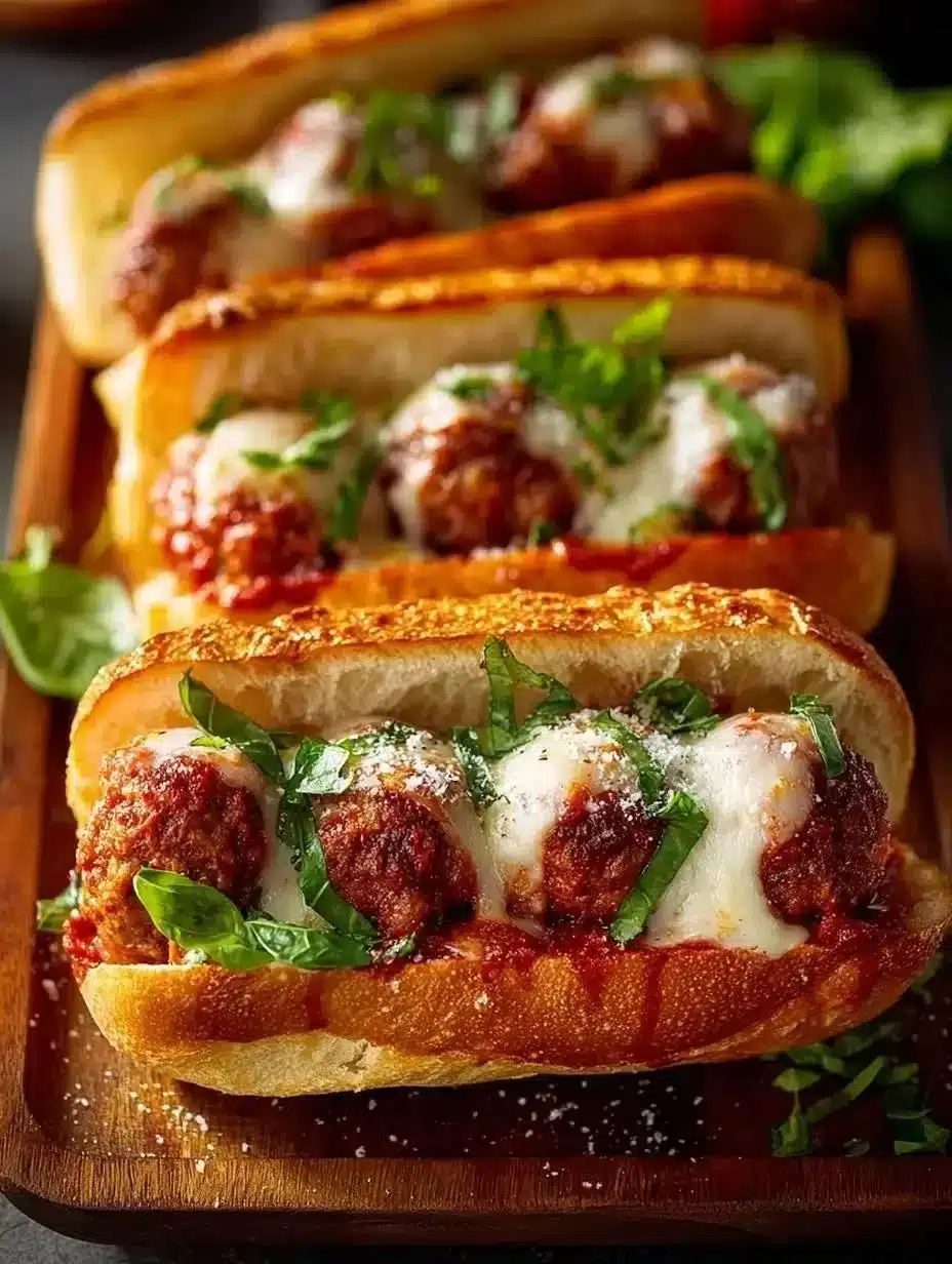 Delicious classic Italian meatball subs with marinara sauce and melted cheese