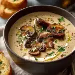 Bowl of creamy mushroom soup made from scratch with fresh mushrooms and herbs