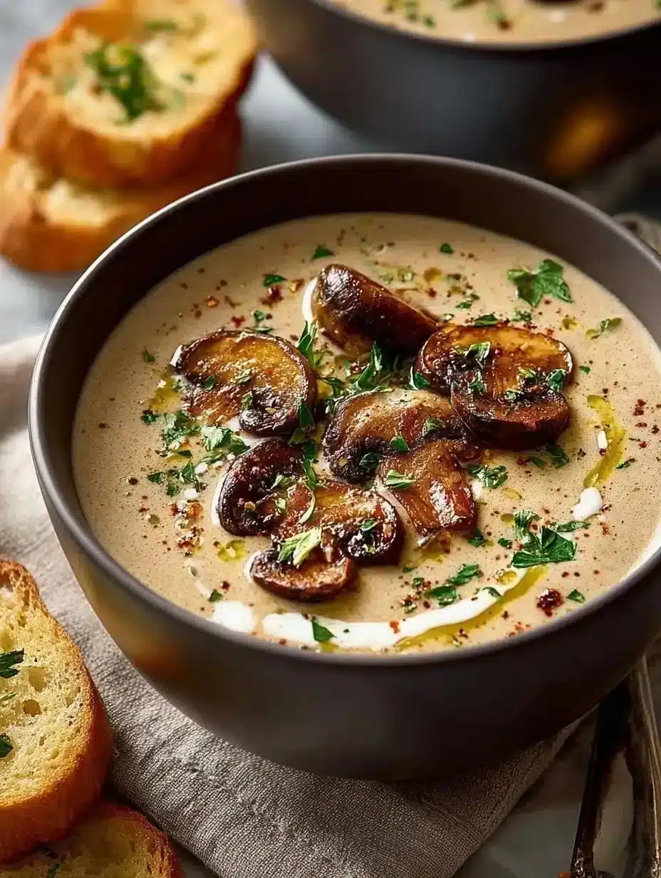 Bowl of creamy mushroom soup made from scratch with fresh mushrooms and herbs