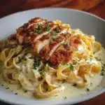 Delicious crispy chicken with creamy pasta served on a plate