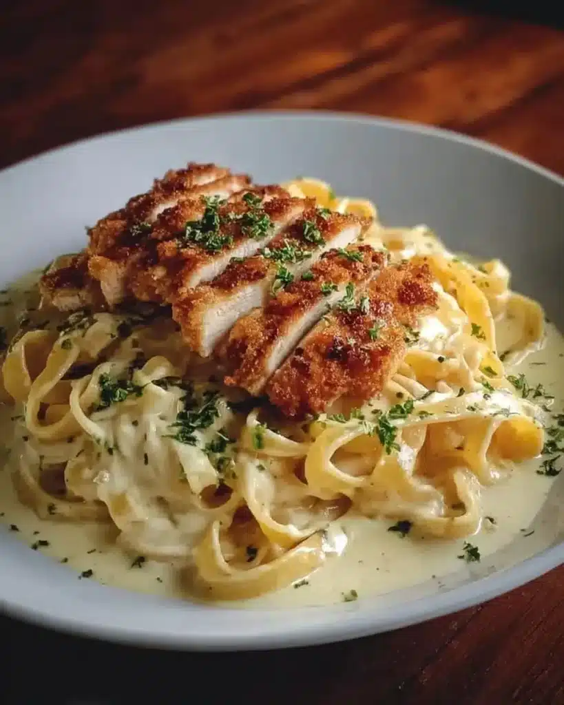 Delicious crispy chicken with creamy pasta served on a plate