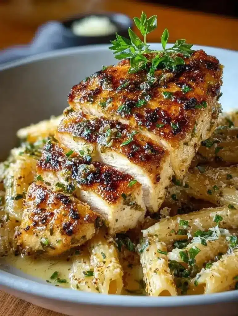 Healthy garlic parmesan chicken cooked in a skillet, garnished with herbs.