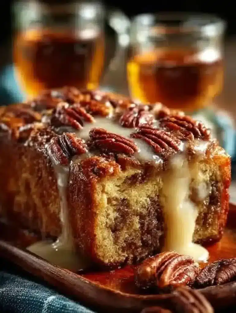 Loaf of irresistible pecan bourbon bread with nuts and bourbon glaze