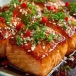 Orange Teriyaki Salmon dish garnished with sesame seeds and green onions.