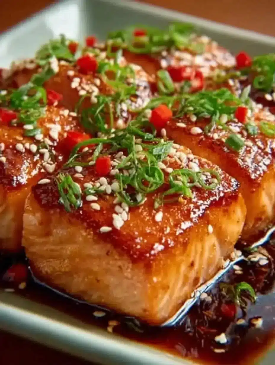 Orange Teriyaki Salmon dish garnished with sesame seeds and green onions.
