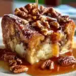 Delicious pecan pie bread pudding dessert topped with nuts and caramel