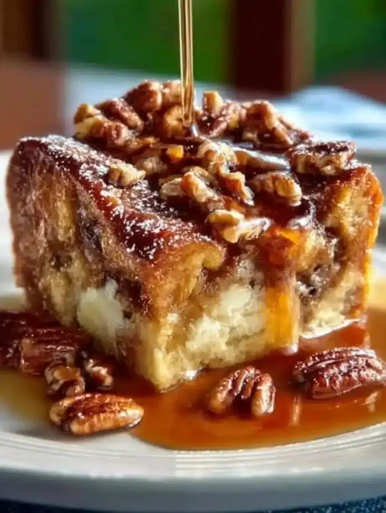 Delicious pecan pie bread pudding dessert topped with nuts and caramel