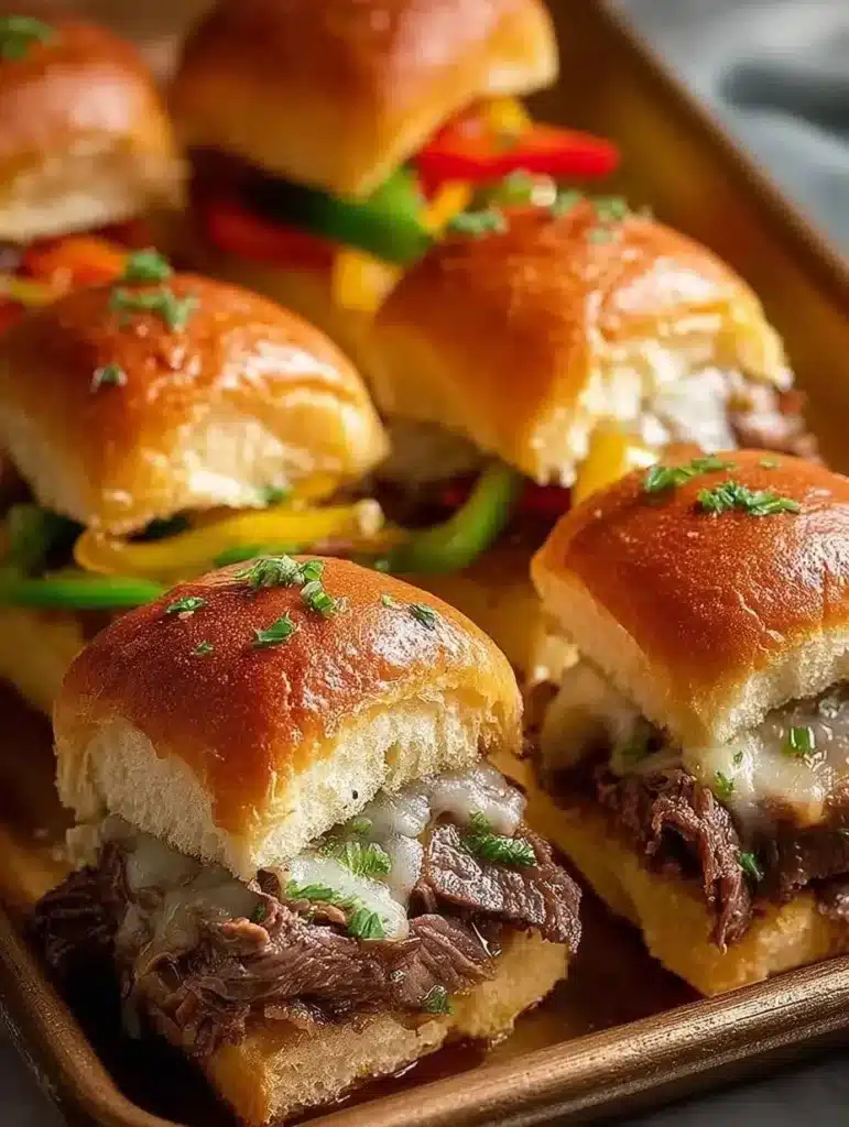 Delicious Philly cheesesteak sliders served as a festive appetizer.