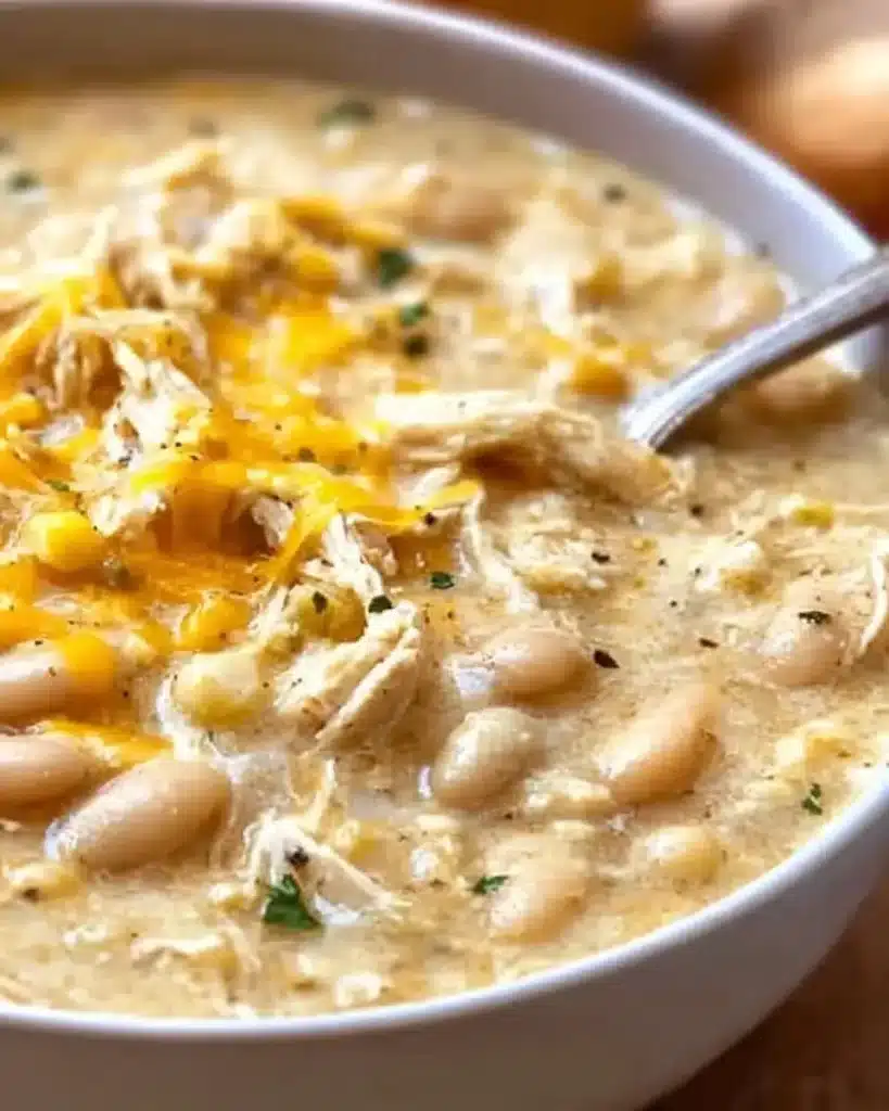 Delicious bowl of quick and easy white chicken chili topped with cilantro.