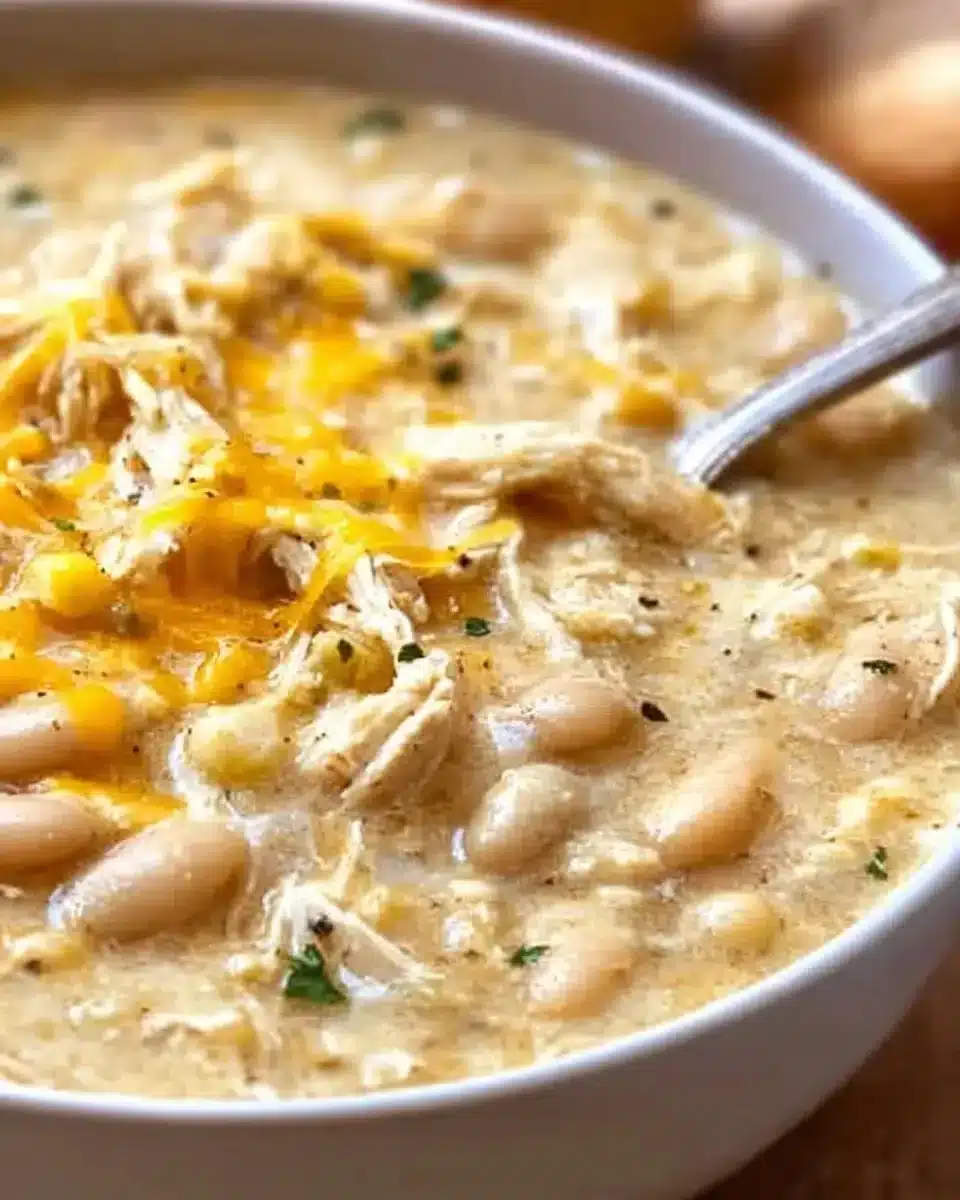 Quick and Easy White Chicken Chili Recipe 1 Delicious bowl of quick and easy white chicken chili topped with cilantro.