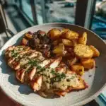 Seasoned grilled chicken wings served with tasty sides on a platter.