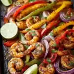 Sheet pan shrimp fajitas with colorful peppers and onions.