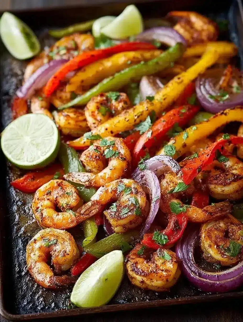Sheet pan shrimp fajitas with colorful peppers and onions.