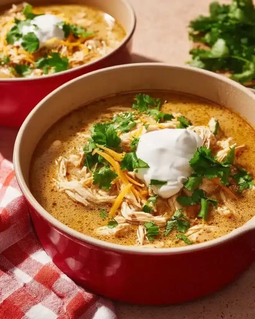 Bowl of Simple Keto White Chicken Chili topped with cilantro