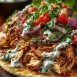 Slow Cooker Chicken Shawarma served on a platter with fresh vegetables.