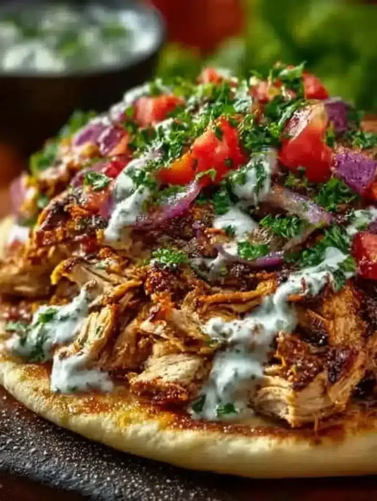 Slow Cooker Chicken Shawarma served on a platter with fresh vegetables.
