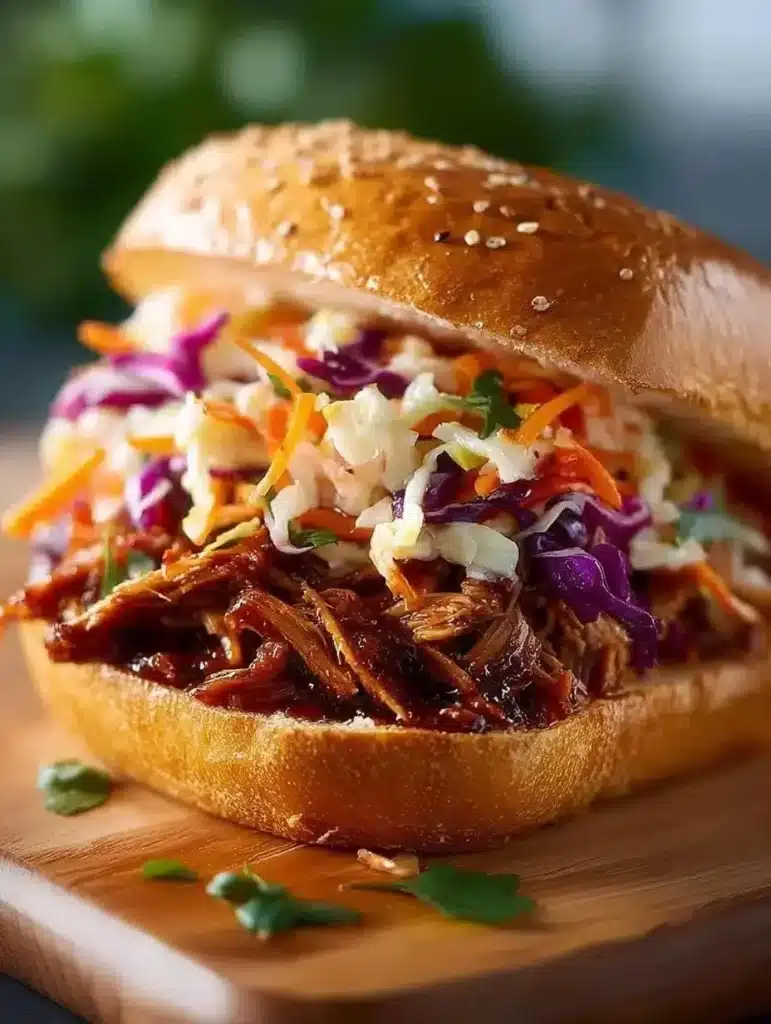 Smoky pulled jackfruit sandwiches served on a wooden plate