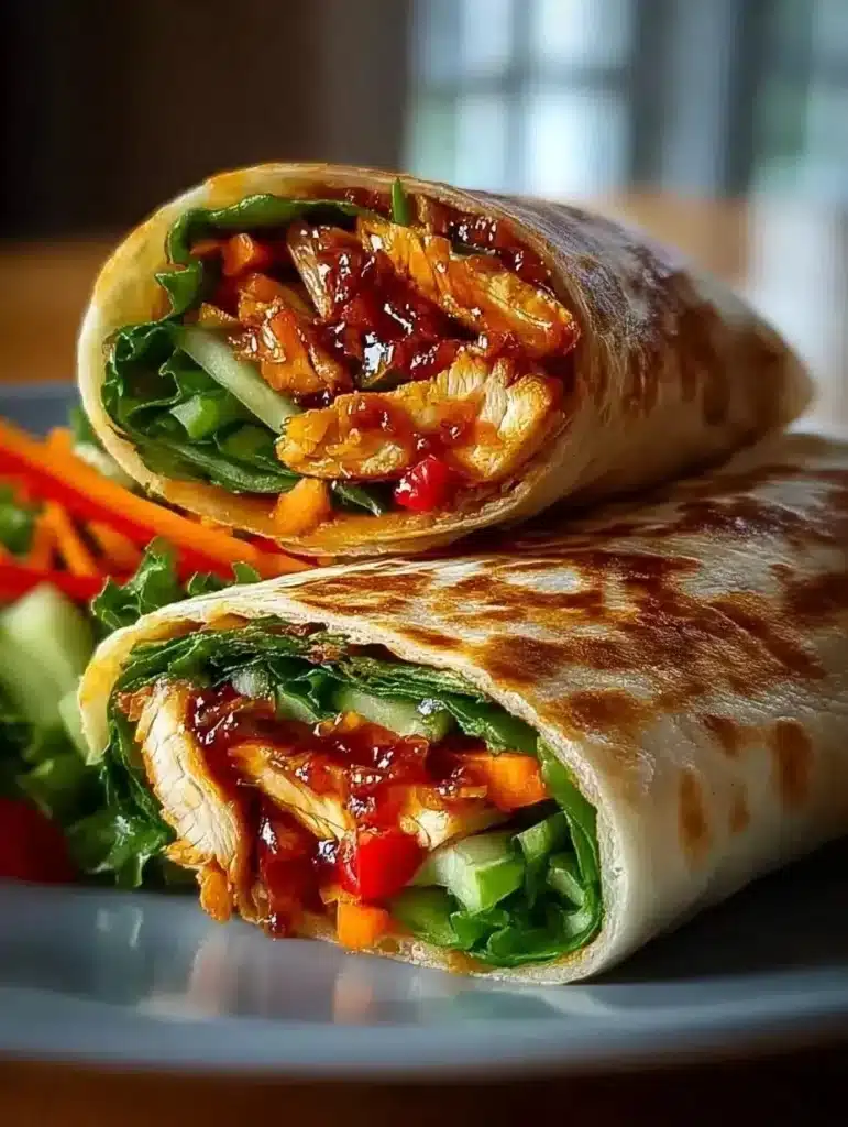 Sweet Chili Chicken Wraps with fresh vegetables and sauce
