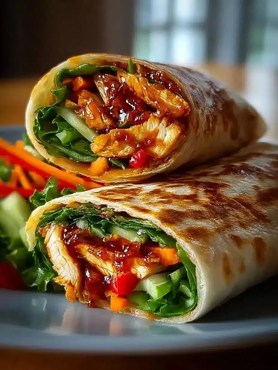 Sweet Chili Chicken Wraps with fresh vegetables and sauce