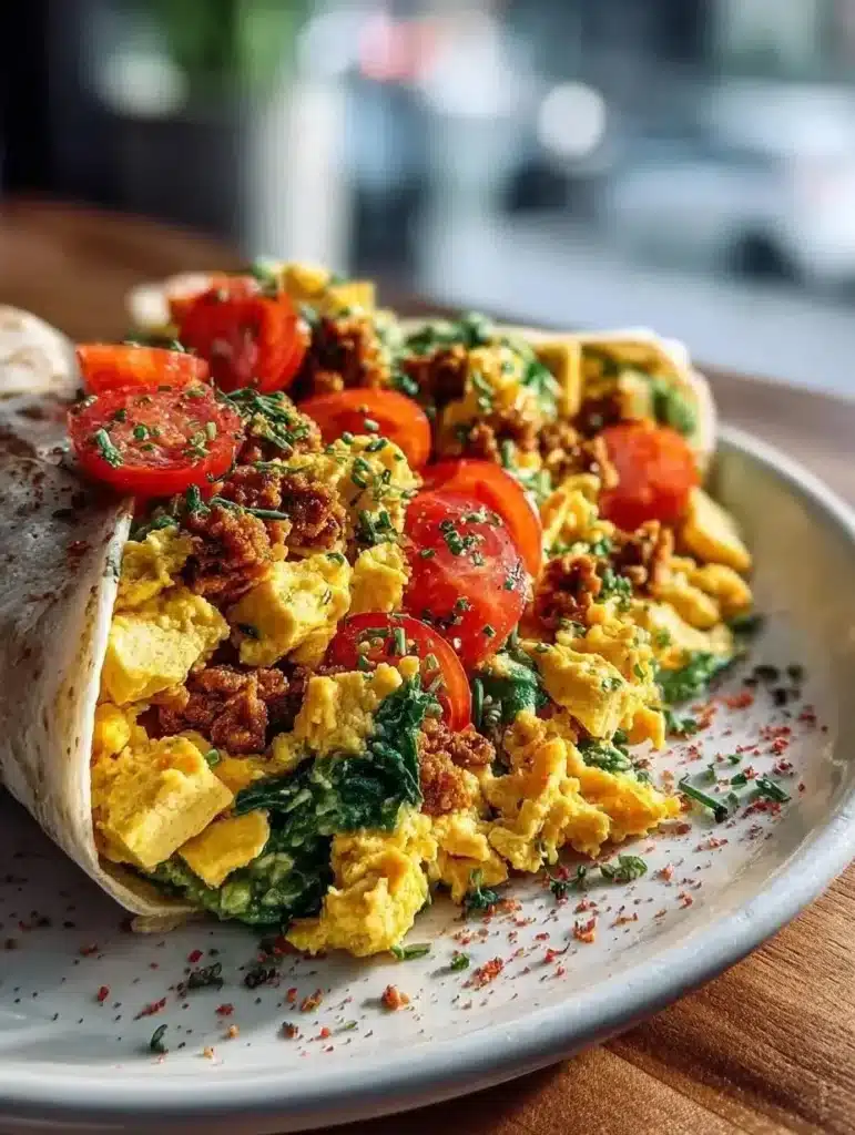 A colorful vegan tofu scramble breakfast with vegetables in a bowl.